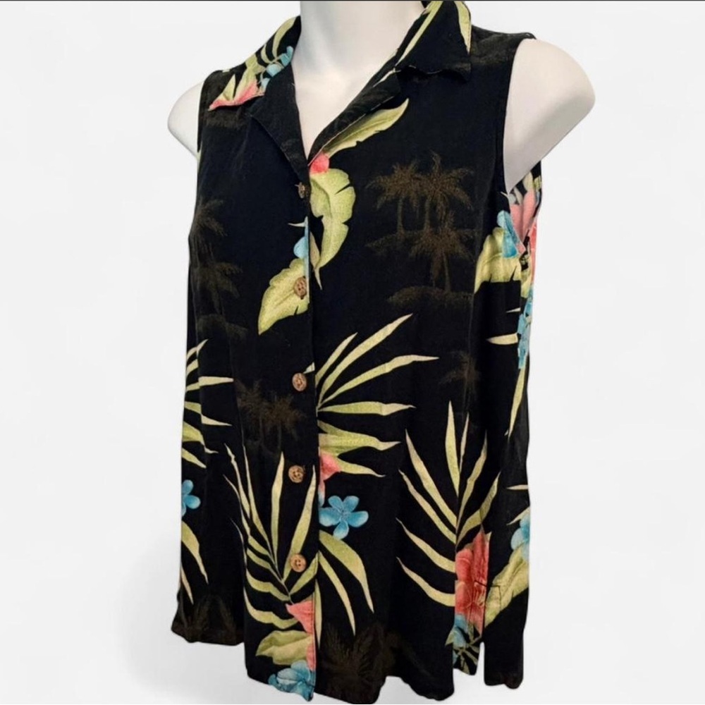 Bungalow Brand Women’s Black Hawaiian Button Up, Sleeveless, Size 8 - Picture 3 of 7